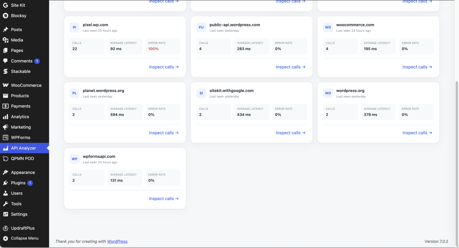API Analyzer outbound calls table with filters and protected destinations